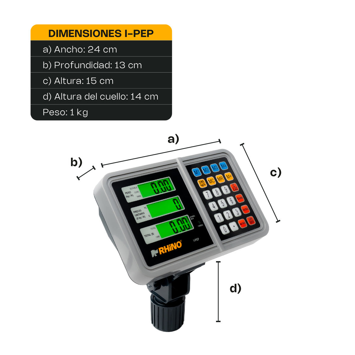 Dimensiones del indicador RHINO I-PEP 24 × 13 × 15 cm