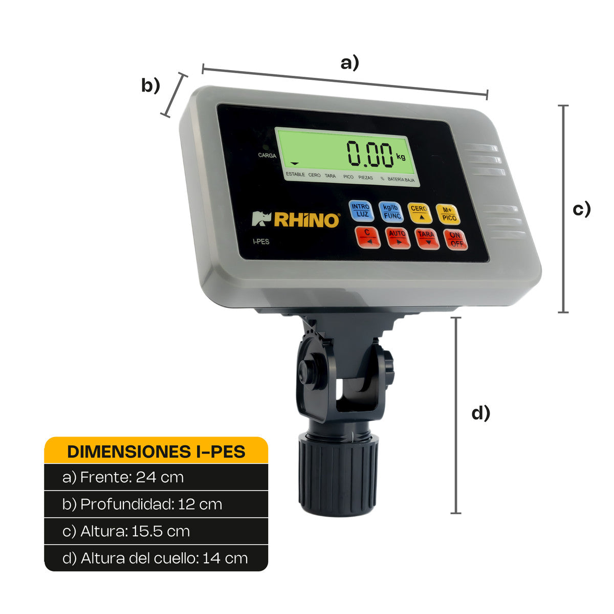 Dimensiones del indicador RHINO I-PES 24 × 12 × 15.5 cm