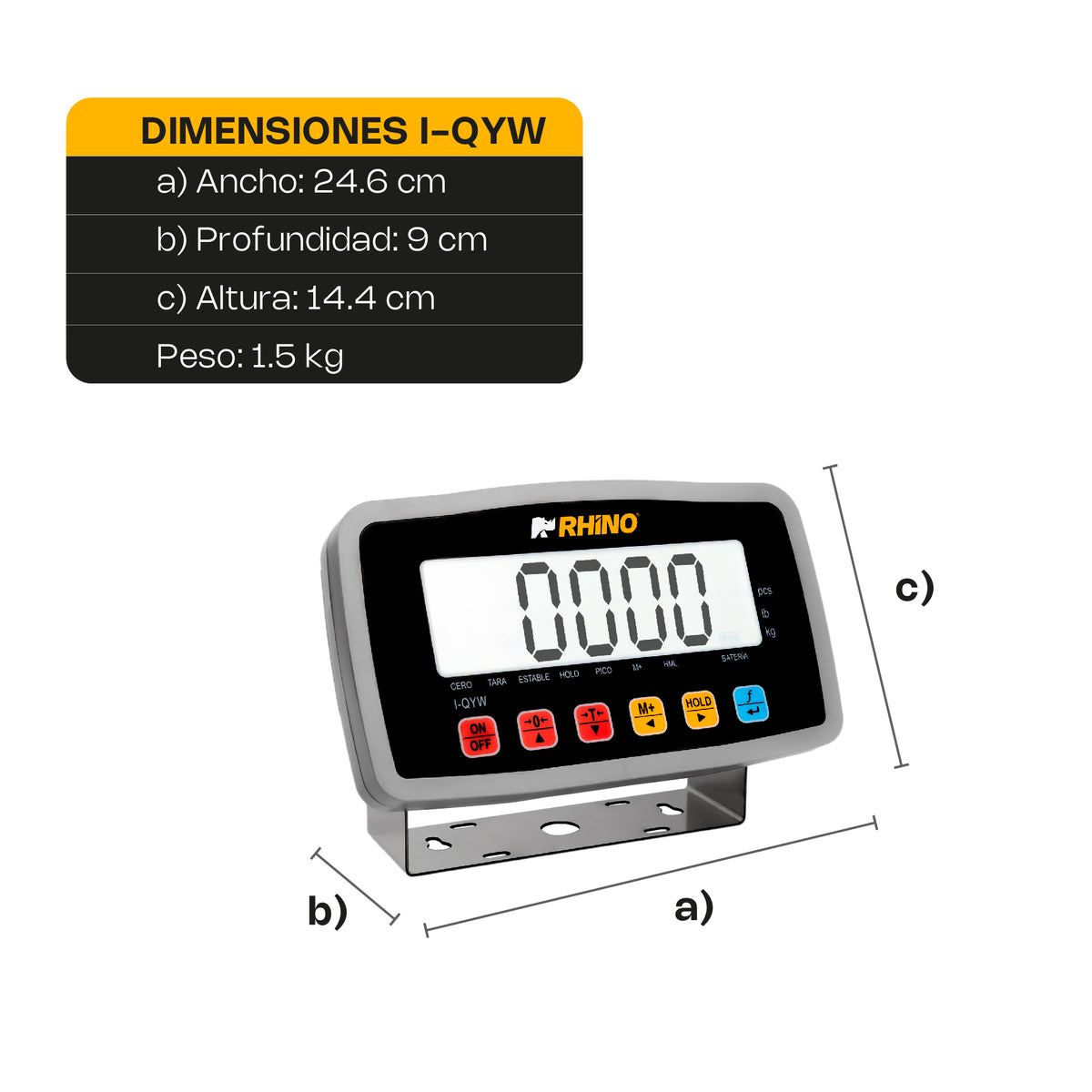 Dimensiones indicador RHINO I-QYW 24.6 cm ancho 9 cm profundidad 14.4 cm altura peso 1.5 kg