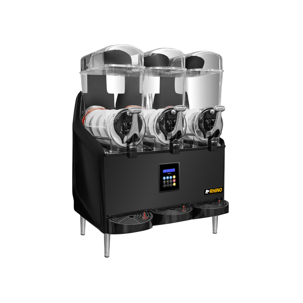 Granizadora premium Rhino MAGRA-3TX de 36 litros, vista diagonal del equipo y tres dispensadores