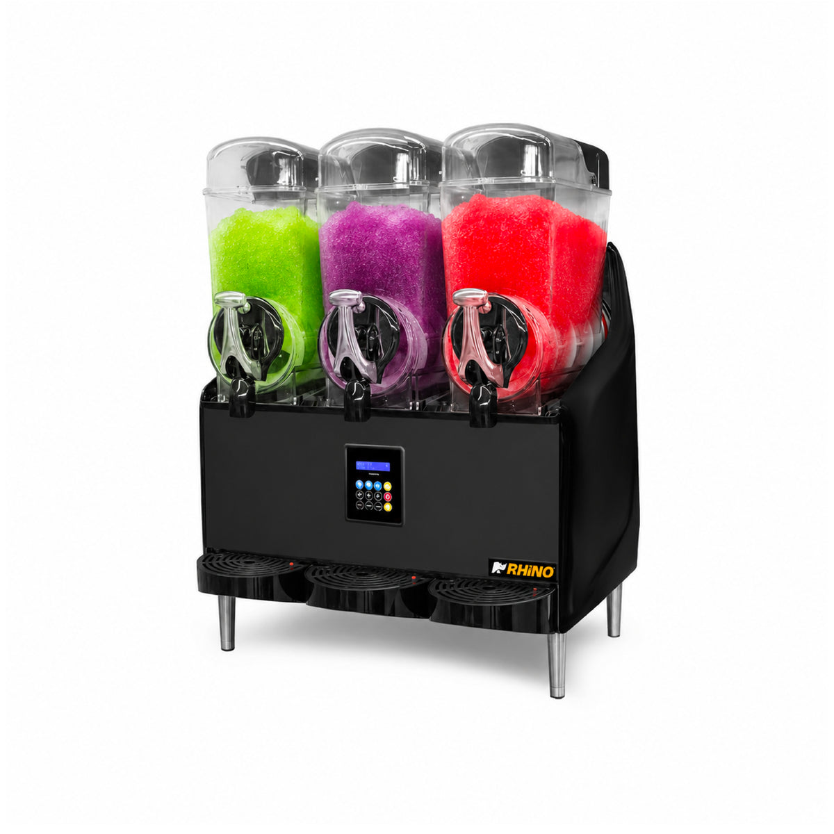 Granizadora premium Rhino MAGRA-3TX con tres bebidas de sabores en depósitos de 12 litros