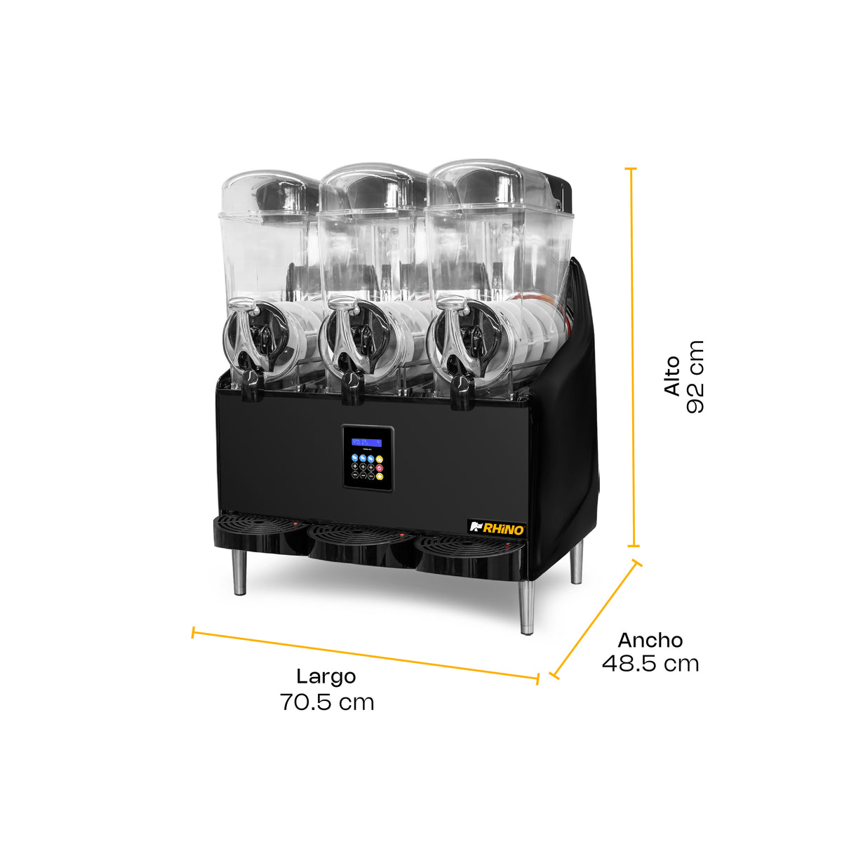 Dimensiones de granizadora Rhino MAGRA-3TX 70.5 cm largo 48.5 cm ancho y 92 cm alto