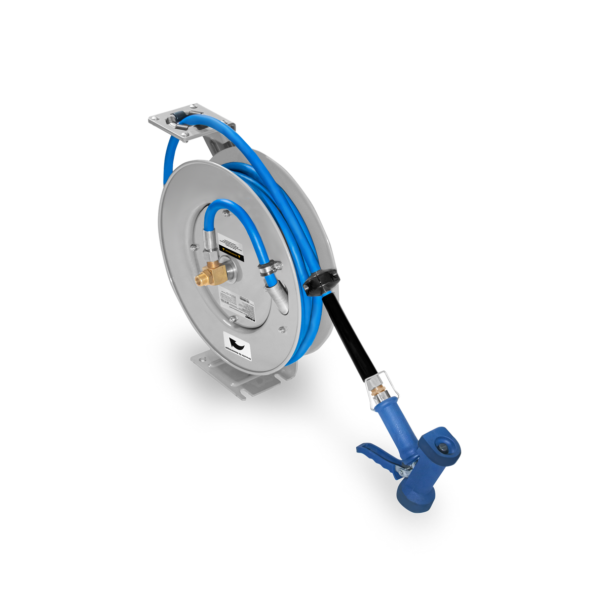 Manguera retráctil RHINO MAPCA-10 de 10 m con pistola azul y carrete de acero al carbono, vista en perspectiva