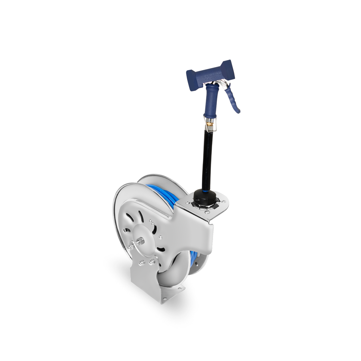Manguera RHINO MAPCA-10X con pistola azul extendida sobre carrete de acero inoxidable