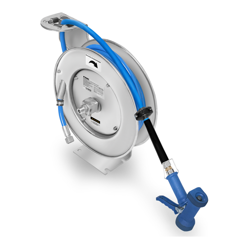 Carrete retráctil de acero inoxidable RHINO MAPCA-10X de 10 metros con pistola azul, portada del modelo completo