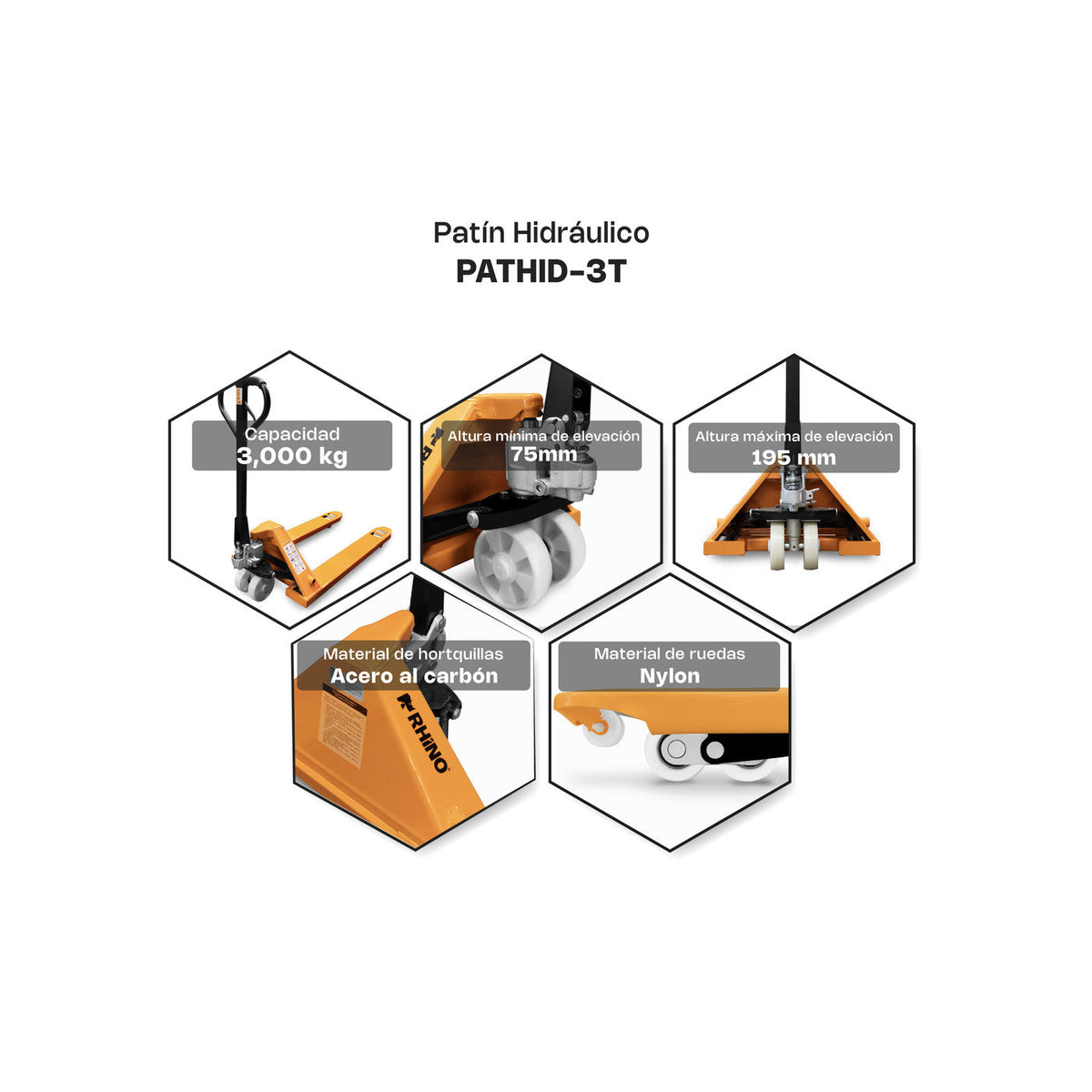 Infografía informativa del patín hidráulico RHINO PATHID-3T y características