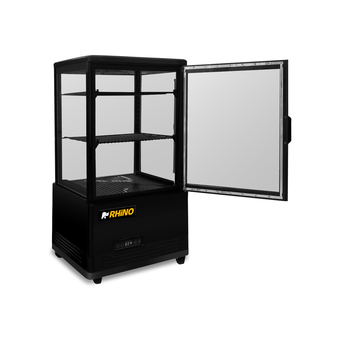 Vitrina refrigerada Rhino VIVEPA-2 de 60 L, vista angular con puerta abierta
