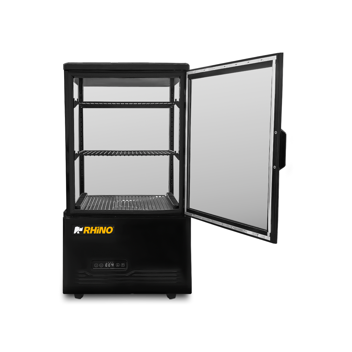 Vitrina refrigerada Rhino VIVEPA-2 de 60 L, vista frontal del interior y puerta abierta