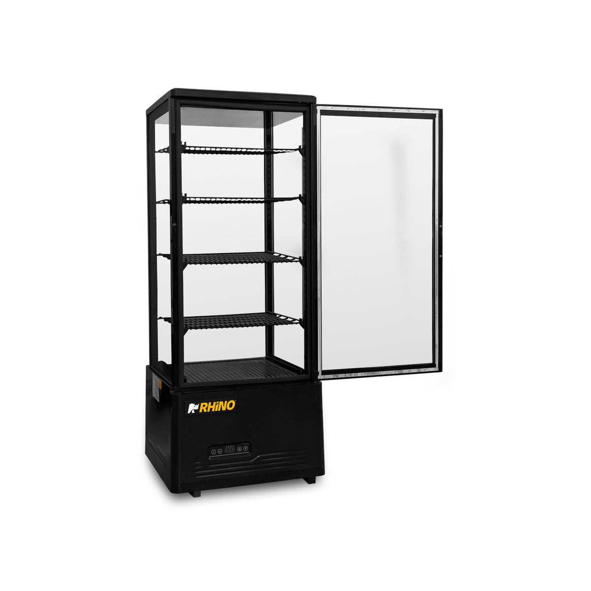 Vitrina refrigerada panorámica Rhino VIVEPA-4 de 100 L, fotografía del fabricante con puerta abierta en perspectiva