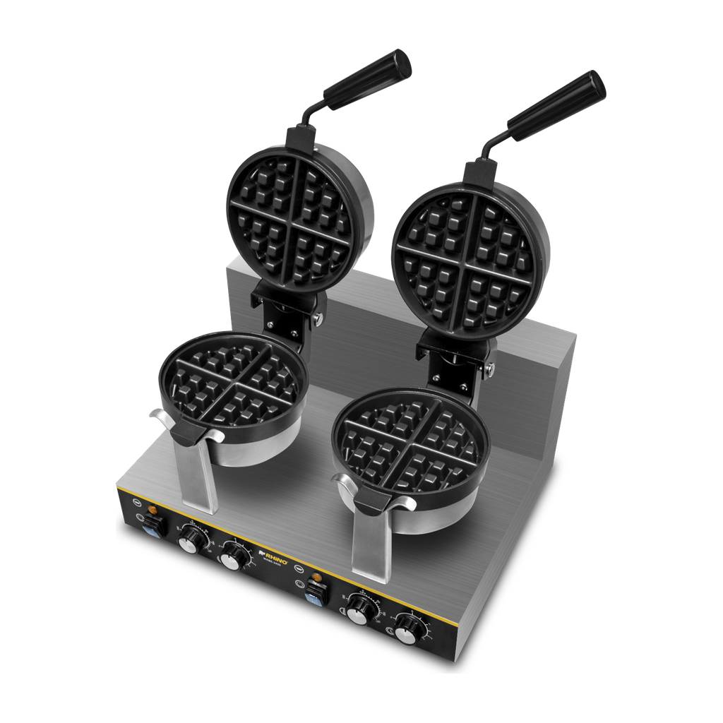 Waflera belga giratoria doble RHINO WABE-2400 en vista diagonal abierta, portada 1024 por 1024