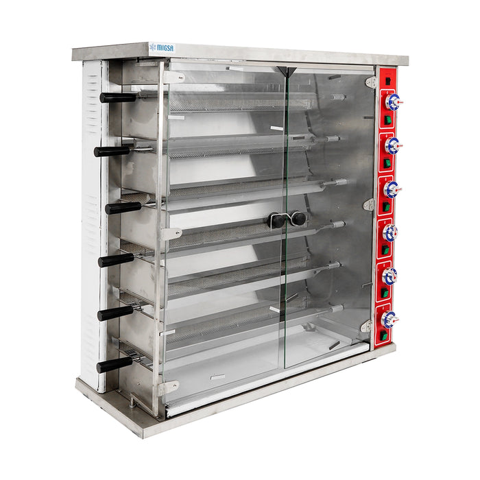 Rosticero comercial de pollos a gas LP MIGSA WE32, 6 varillas, para 24 a 30 pollos, fotografía oficial sin distintivos de envío