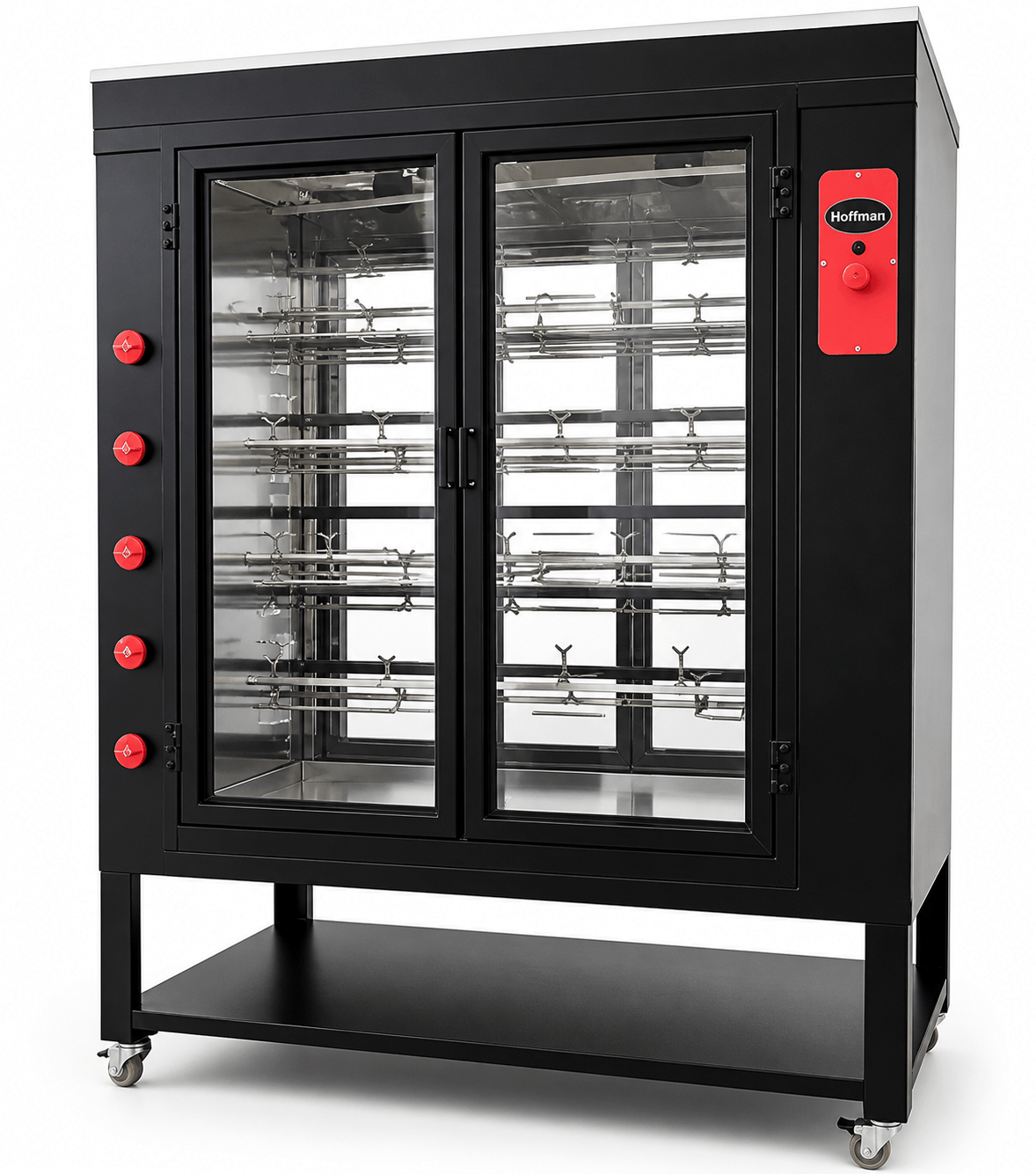 Rosticero Hoffman ROSTI20 vista lateral con estructura negra y acero inoxidable