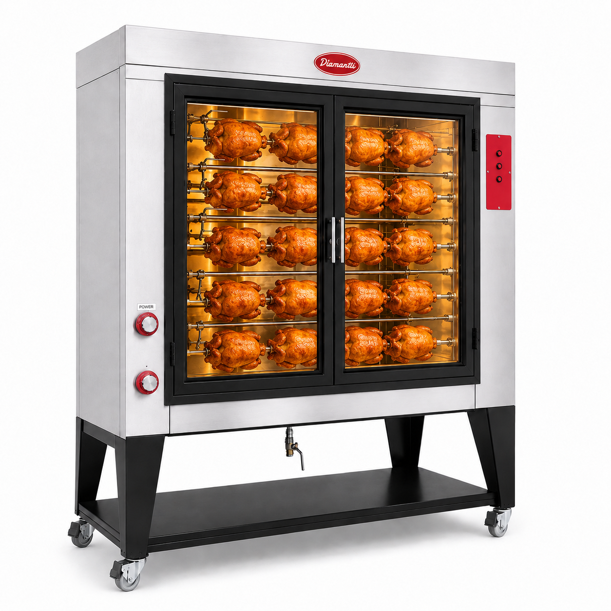 Rosticero Diamantti HRD-45 en funcionamiento con pollos rostizados en 5 varillas giratorias