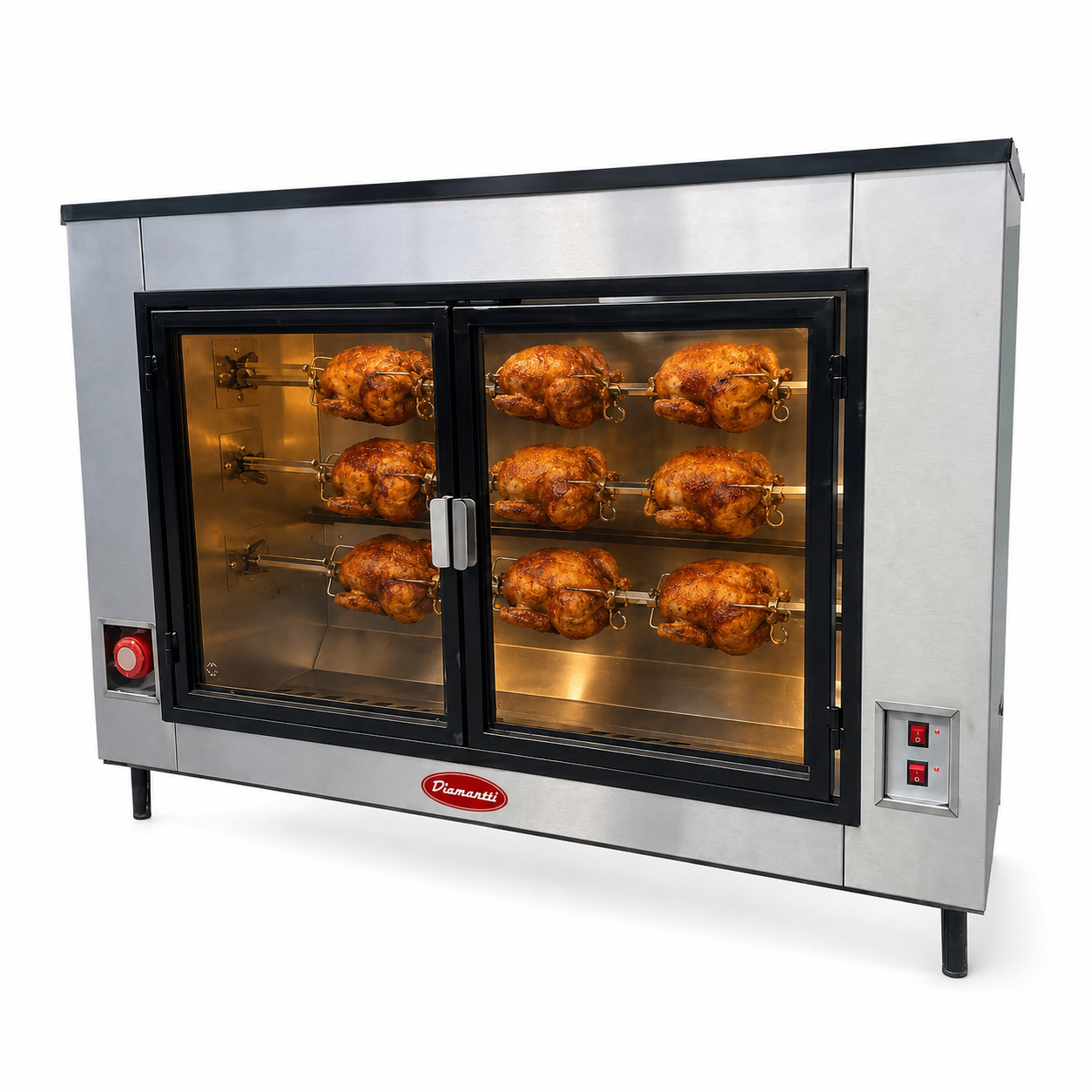 Rosticero Diamantti RDM-27 en funcionamiento con pollos rostizados en varillas interiores