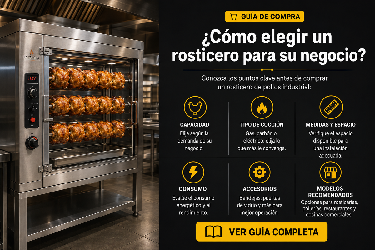 Rosticero industrial con pollos y guía para elegir el equipo adecuado