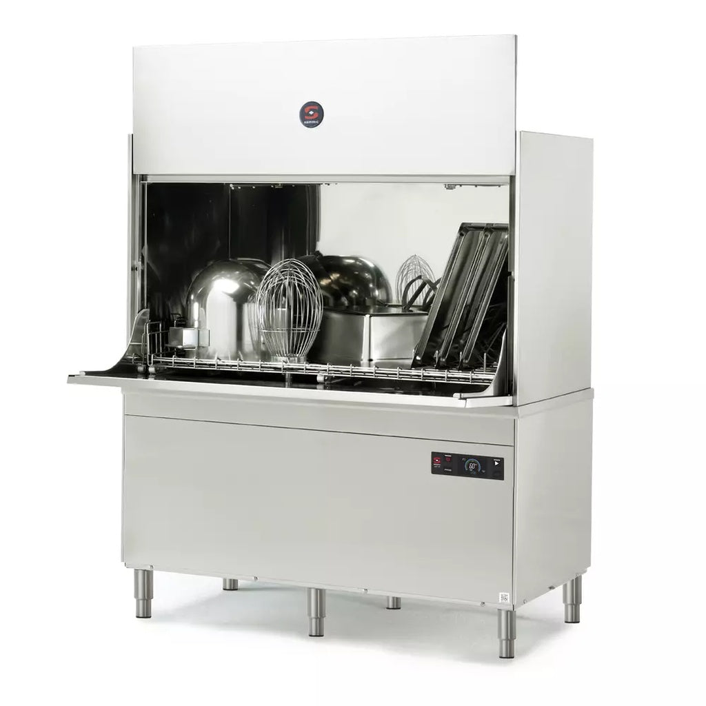 Lavautensilios industrial SAMMIC UX-1300C de gran capacidad para utensilios, perolas y bandejas, vista frontal con puerta abierta