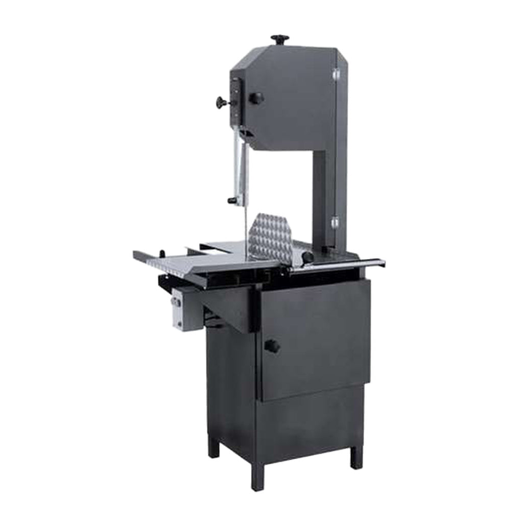 Sierra de piso para carne y hueso MIGSA NHD-2850 con mesa de acero inoxidable y cuerpo negro, fotografía oficial