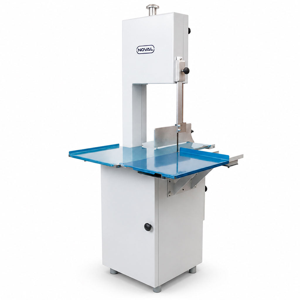 Sierra carnicera Noval SN-295 de piso con mesa de acero inoxidable y cinta de corte para carne y hueso