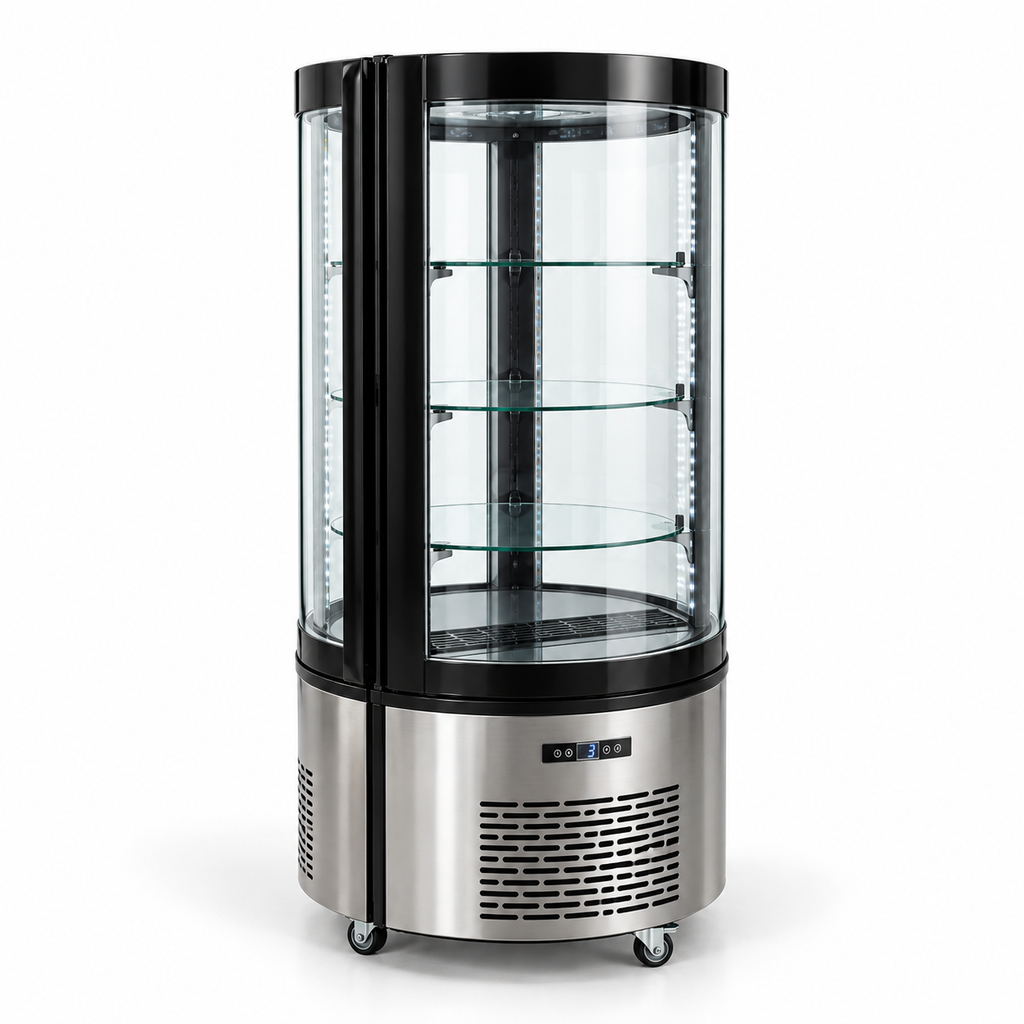Refrigerador vertical circular MIGSA ARC-100R de 100 litros con cristal curvo y 3 entrepaños