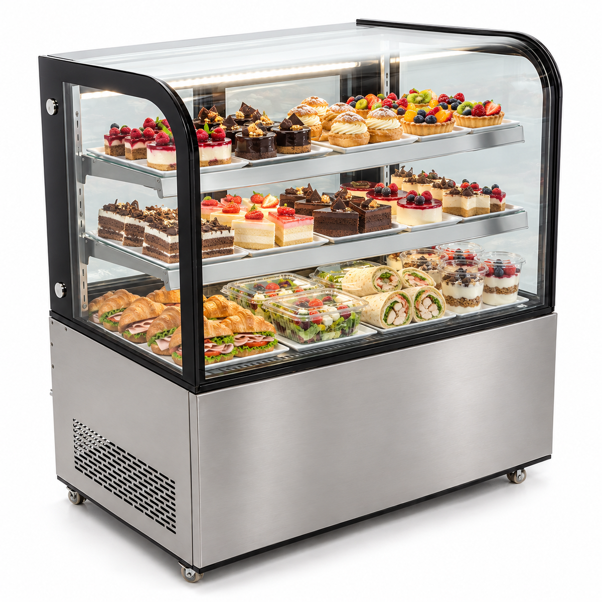 Vitrina refrigerada MIGSA ARC-270Y abastecida con pasteles, postres y alimentos refrigerados