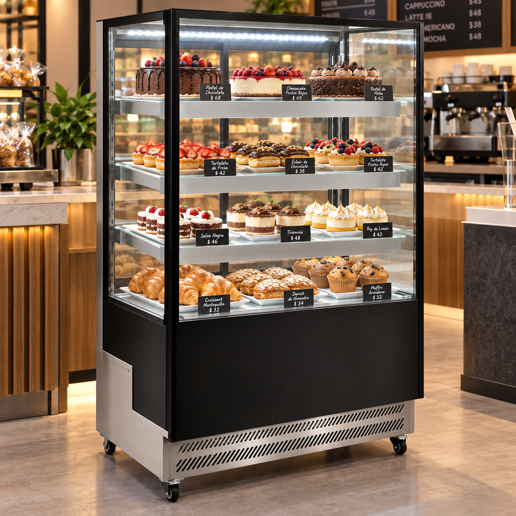 Vitrina refrigerada MIGSA ARC-300L instalada en cafetería con pasteles en exhibición