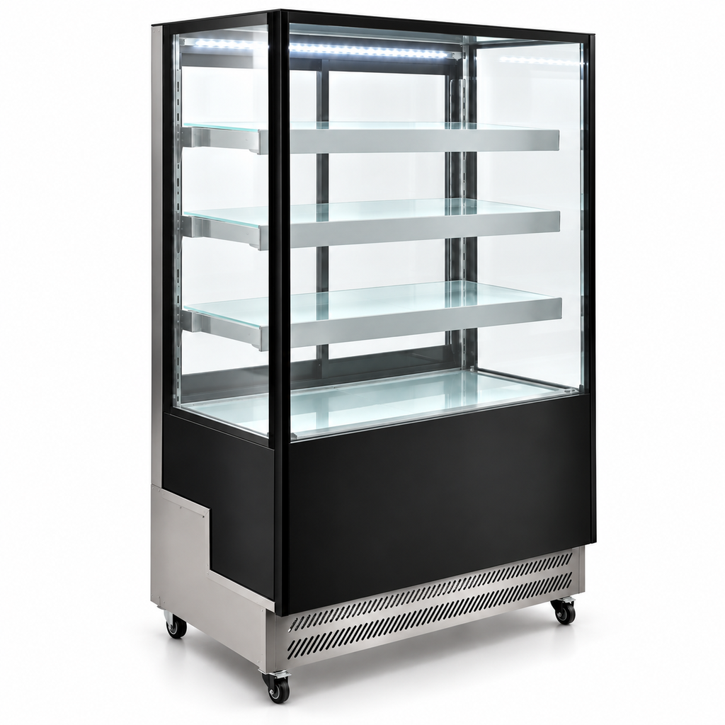 Vitrina refrigerada MIGSA ARC-300L vista lateral con cristal recto y tres entrepaños