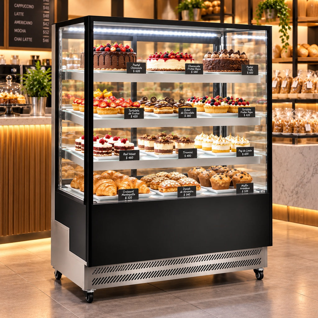 Vitrina refrigerada MIGSA ARC-400L instalada en cafetería con pasteles y postres en exhibición
