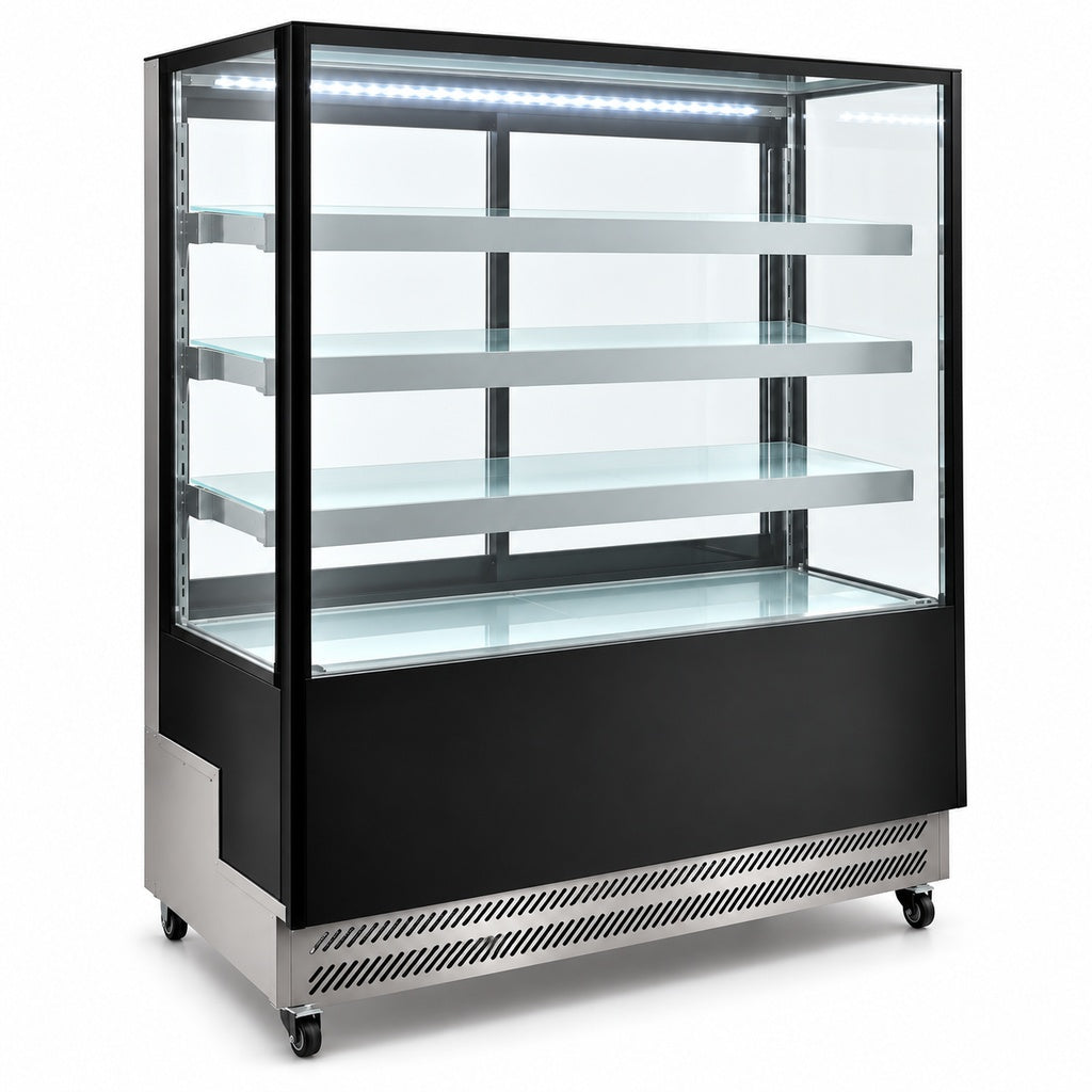 Vitrina refrigerada MIGSA ARC-400L vista lateral con cristal recto y tres entrepaños