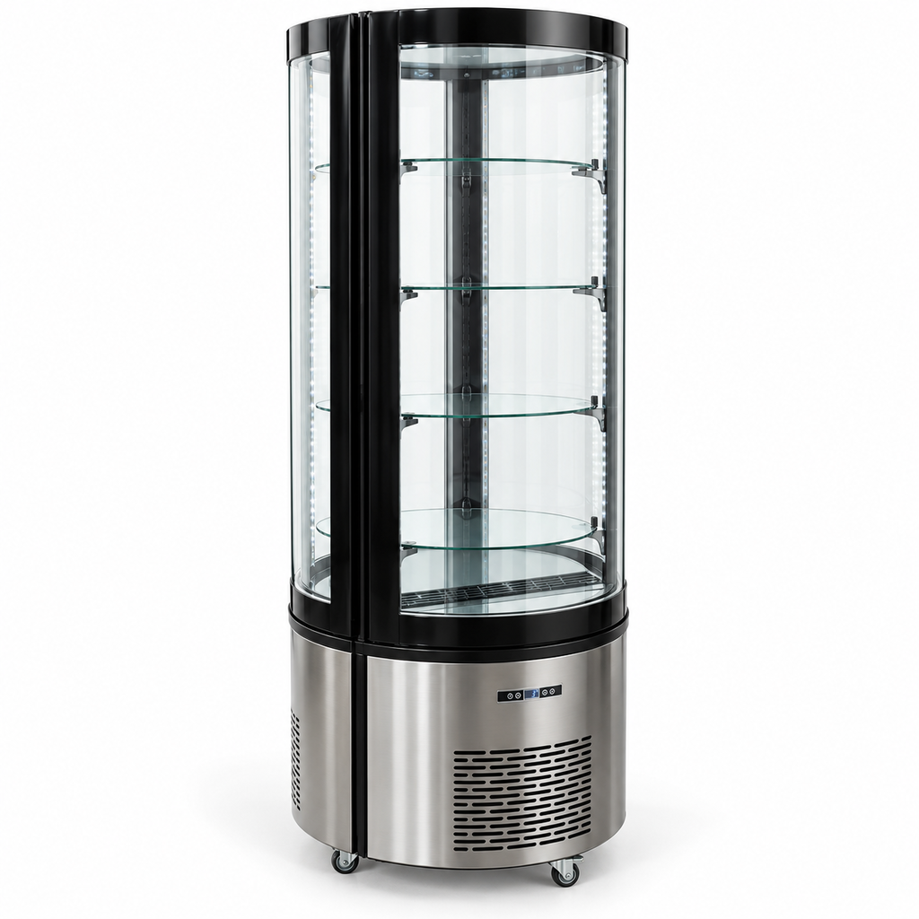 Refrigerador vertical circular MIGSA ARC-400R de 400 litros con cristal curvo y entrepaños de vidrio
