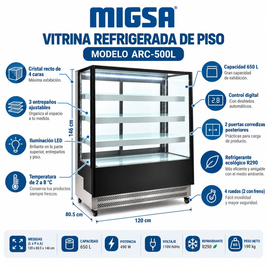 Vitrina refrigerada MIGSA ARC-500L con características de capacidad, LED, temperatura, R290 y ruedas