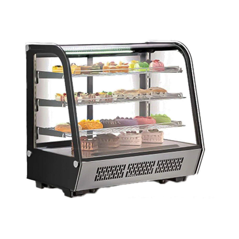 Vitrina refrigerada MIGSA CW-195R de 195 litros con cristal curvo, tres entrepaños y piso, vista de tres cuartos fondo blanco