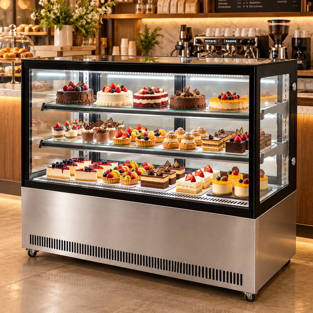 Vitrina refrigerada MIGSA GN-1500R2 instalada en cafetería con pasteles y postres