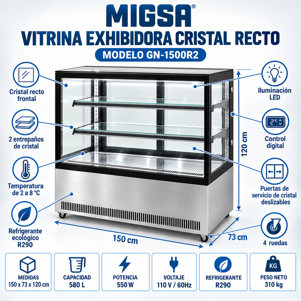 Vitrina refrigerada MIGSA GN-1500R2 con capacidad 580 L, LED, R290 y control digital