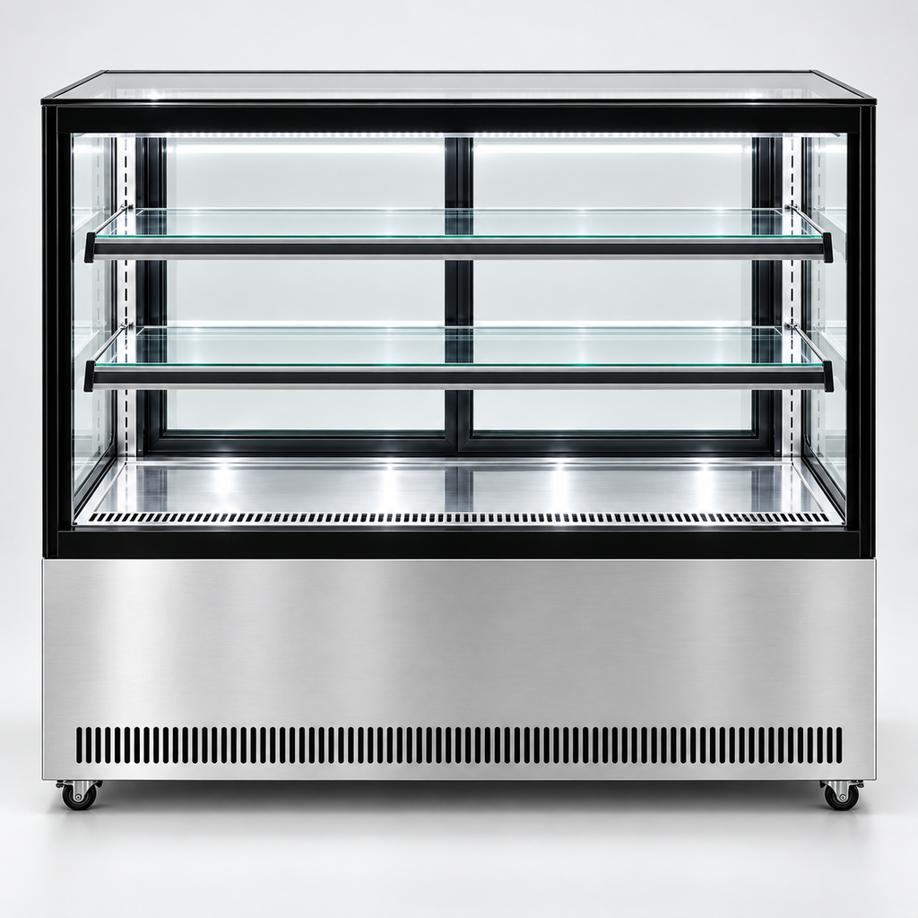 Vitrina refrigerada MIGSA GN-1500R2 vista frontal con cristal recto y dos entrepaños
