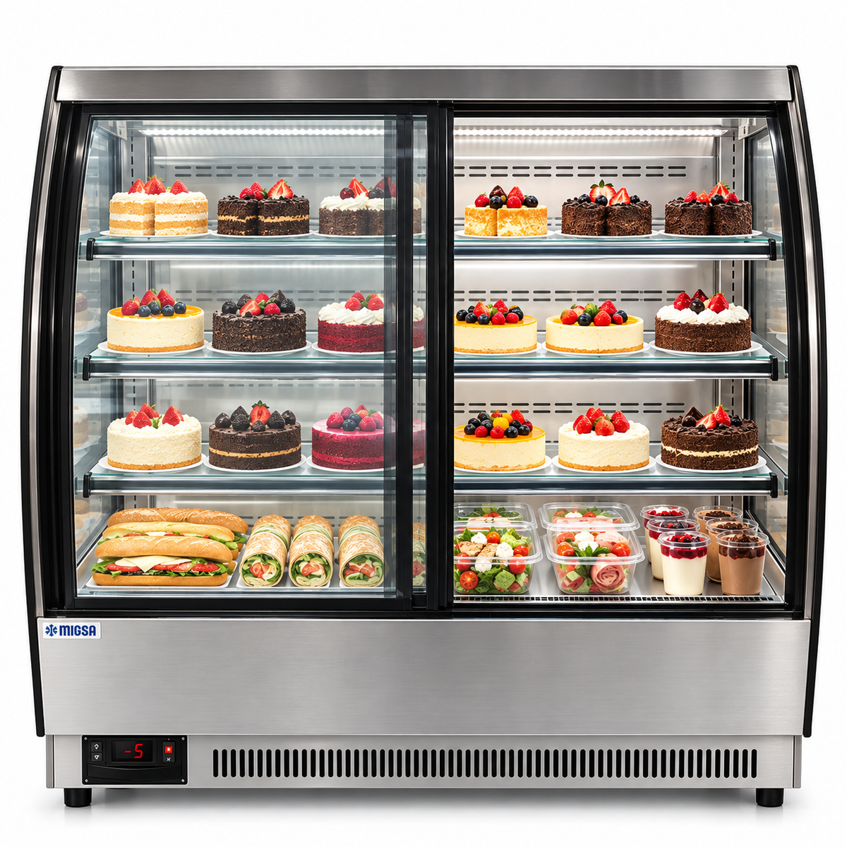 Vitrina refrigerada MIGSA GN-1500Y3 abastecida con pasteles y alimentos para autoservicio