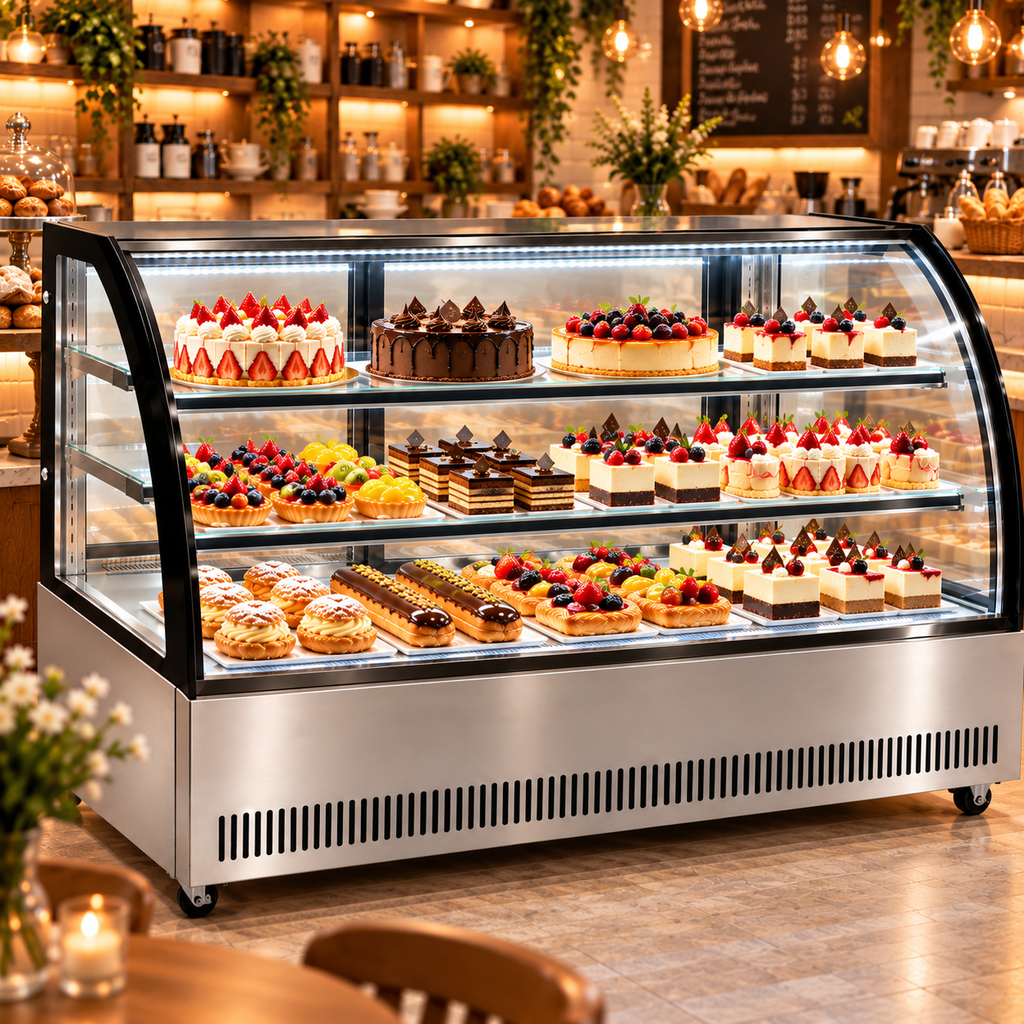 Vitrina refrigerada MIGSA GN-1800C2 instalada en cafetería con pasteles y postres