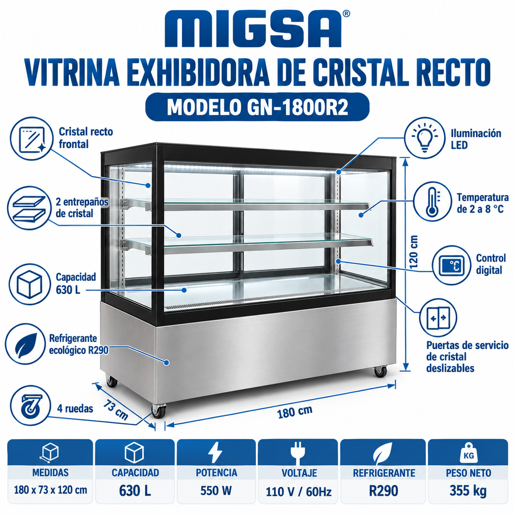 Vitrina refrigerada MIGSA GN-1800R2 con capacidad 630 L, LED, R290 y control digital