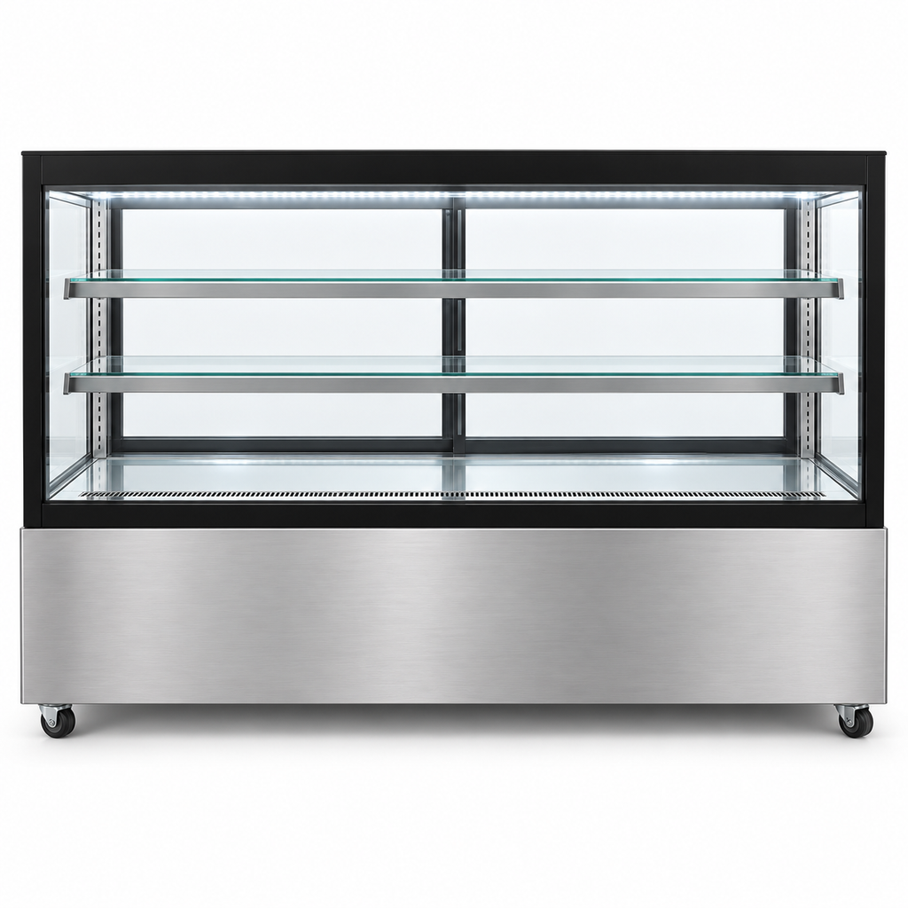 Vitrina refrigerada MIGSA GN-1800R2 vista frontal con cristal recto y dos entrepaños