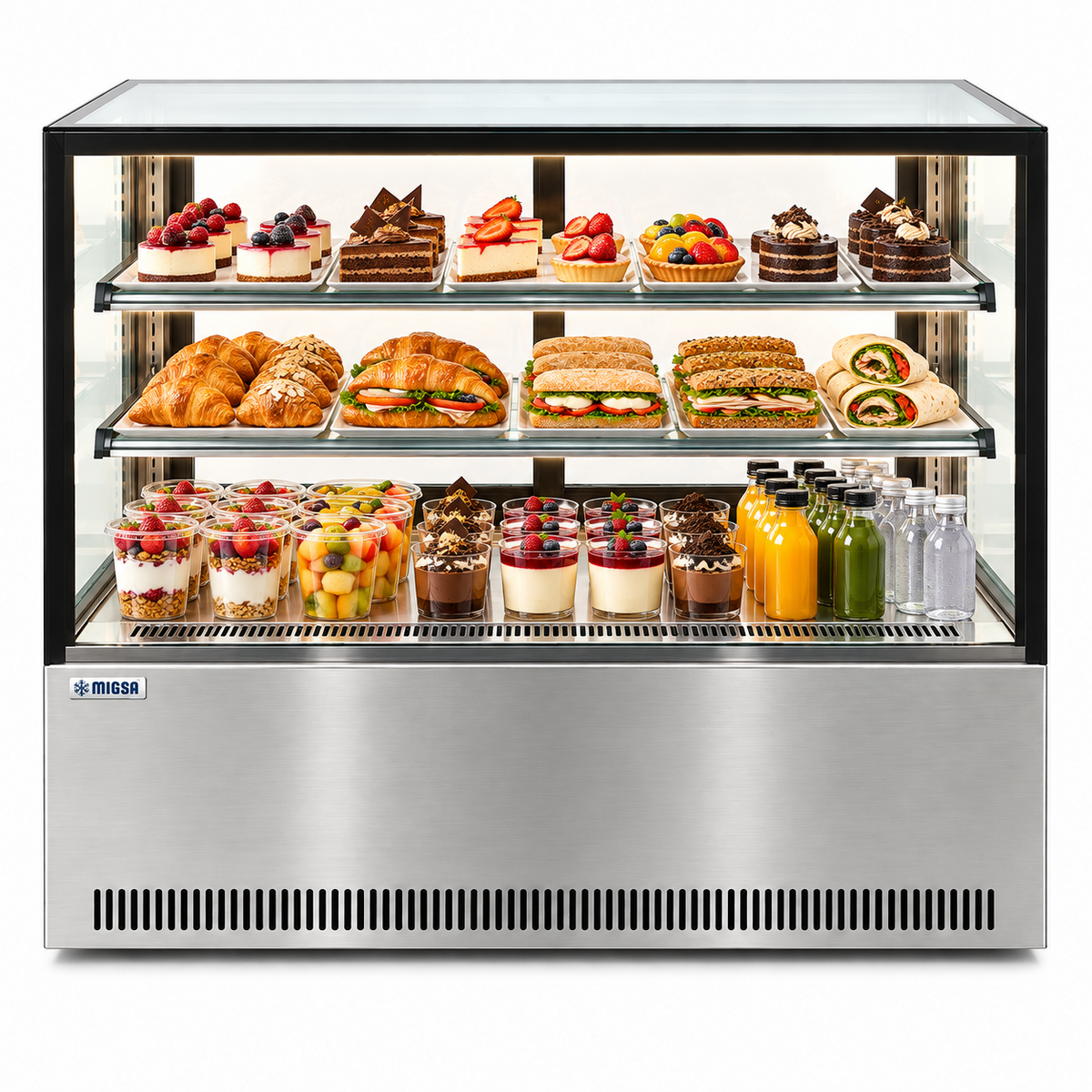 Vitrina refrigerada MIGSA GN-1200R2 en exhibición con pasteles y alimentos