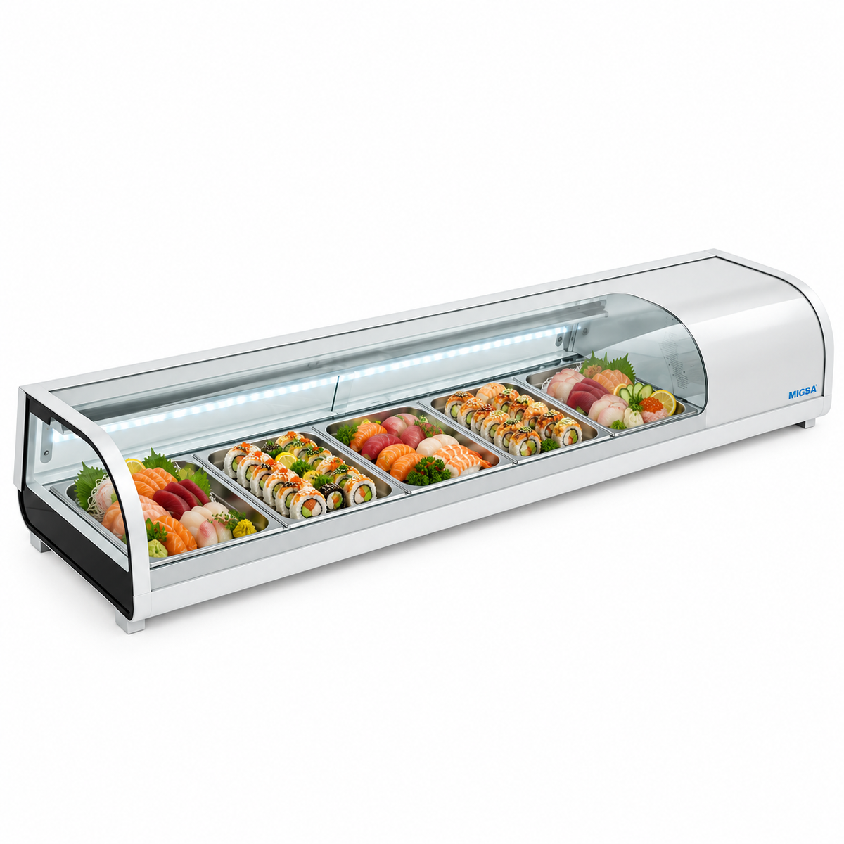 Vitrina MIGSA RTS-132L con sushi en 5 charolas Gastronorm GN 1/2