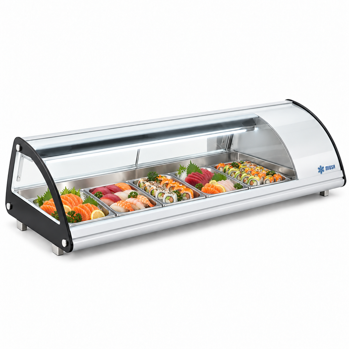 Vitrina MIGSA RTS-63L con sushi en 5 espacios para charolas GN 1/3