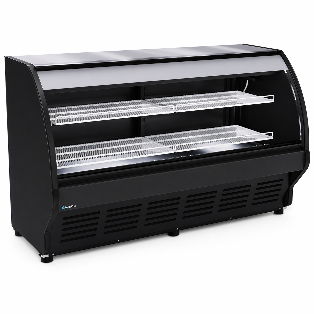Vitrina refrigerada Metalfrio VCM200 de 2 metros para mostrador, color negro, con cristal curvo y parrillas interiores.