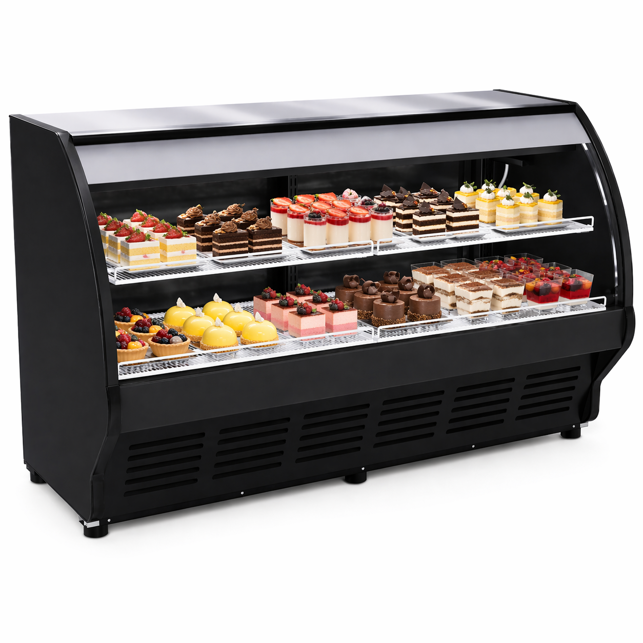 Vitrina refrigerada Metalfrio VCM200 de 2 metros exhibiendo pasteles, postres y repostería en mostrador comercial.
