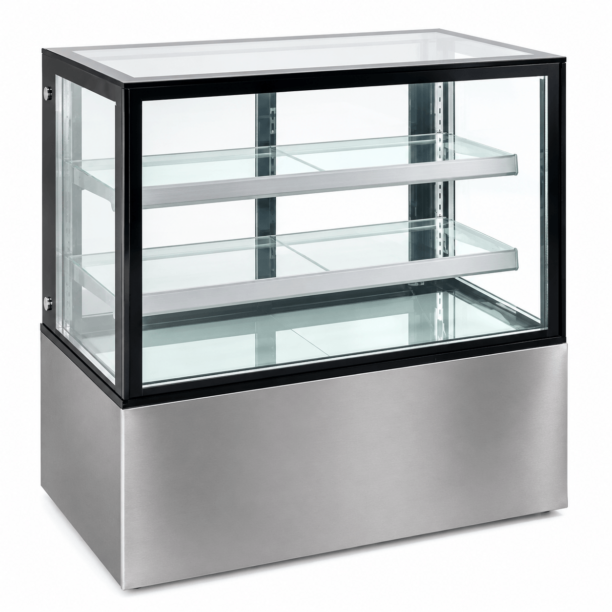 Vista lateral de vitrina refrigerada Gelum GD-VFG-PR-210-3 con repisas de cristal