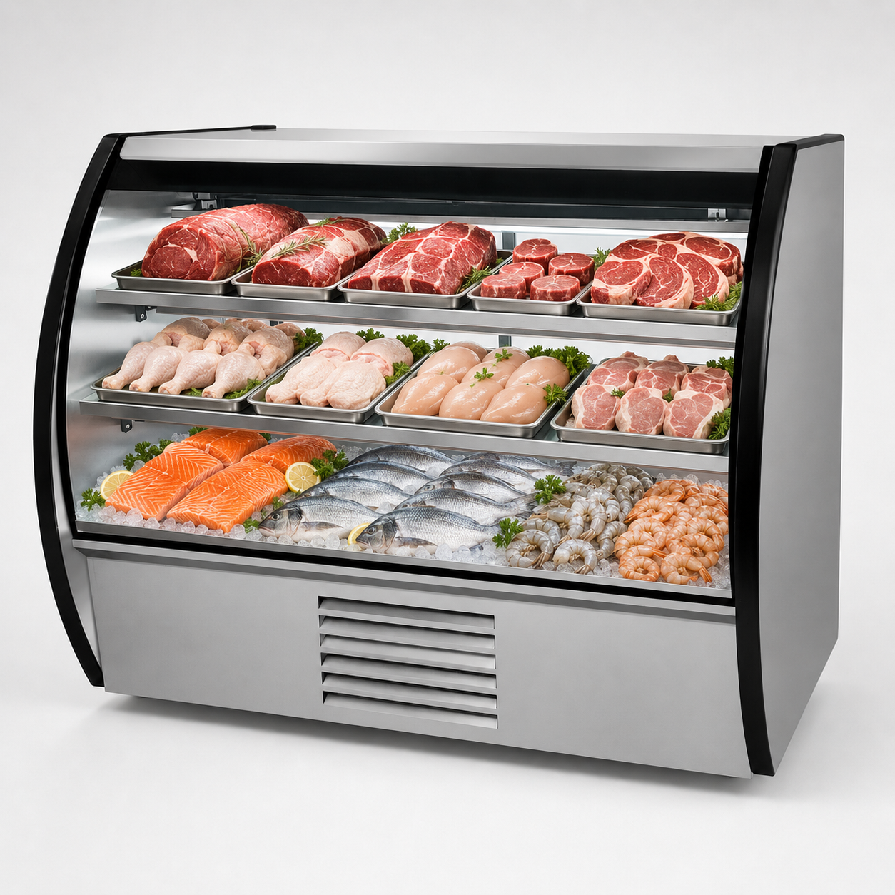 Mostrador refrigerado Gelum VG-C-180 AI exhibiendo carnes aves y pescados frescos