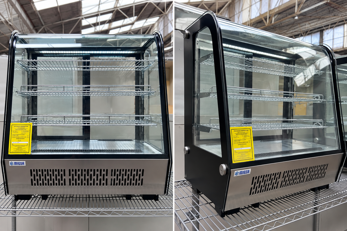 Vitrina refrigerada MIGSA CW-145R de cristal curvo, vista frontal y lateral para instalación sobre mostrador
