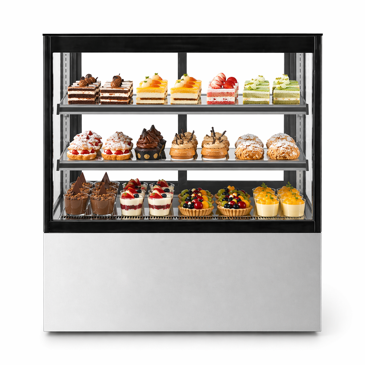 Vitrina refrigerada Migsa GN900R2 de piso con postres y pasteles en vista lateral o de perfil.