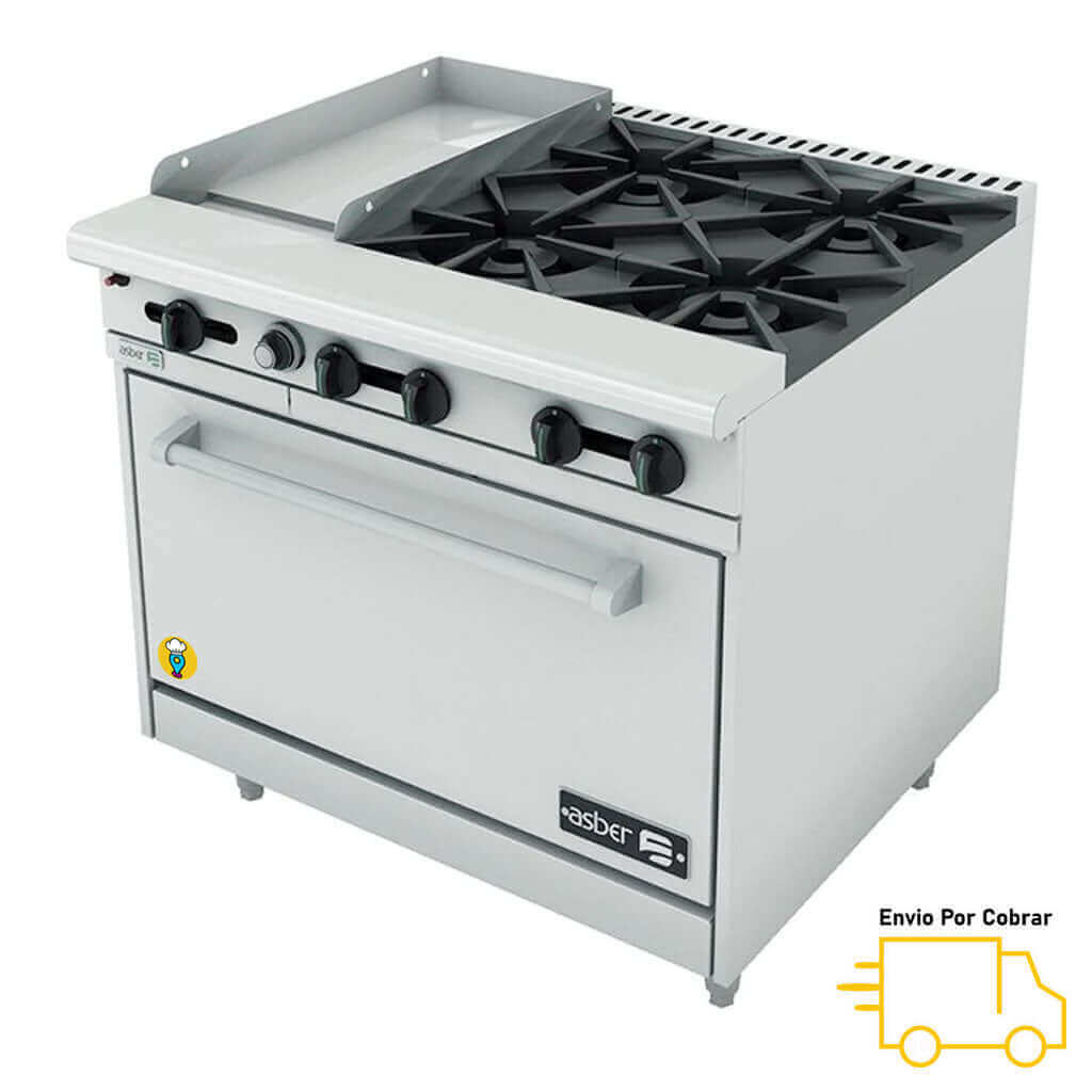 Estufa 4 Parillas, Plancha y Horno ASBER - AEMR-G12-B4-36-Estufas Múltiples-ASBER-ElLugarDelChef.com