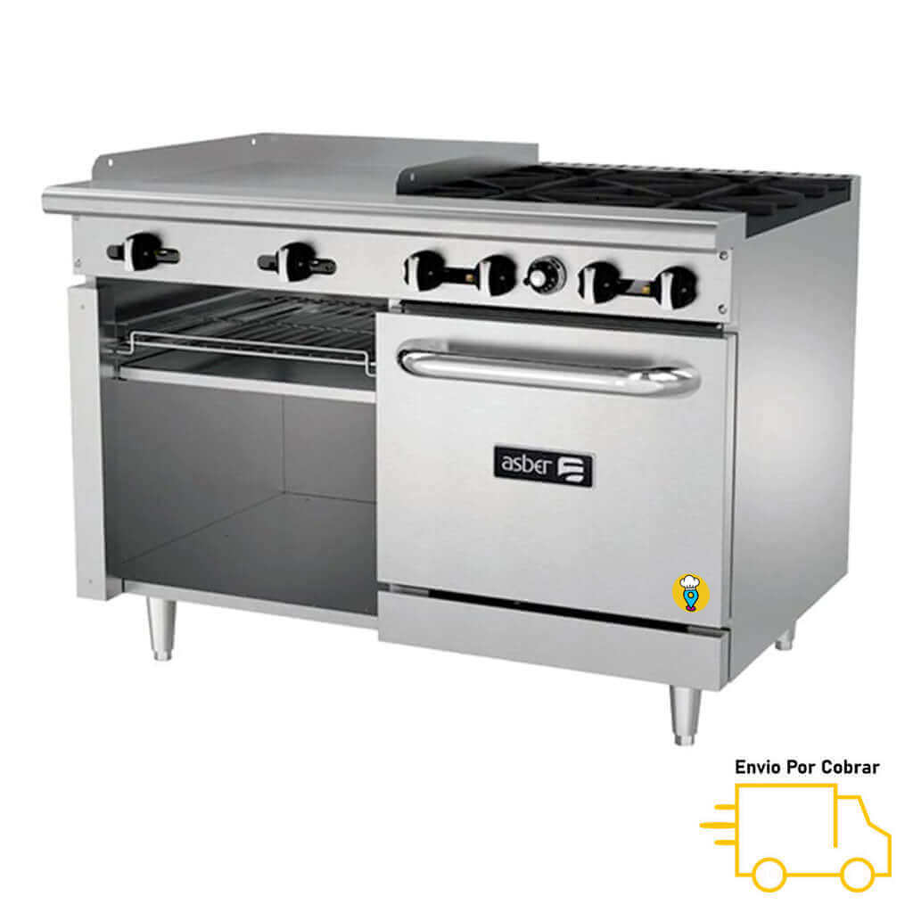 Estufa 4 Parillas, Plancha y Horno ASBER - AEMR-G24-B4-48-H-Estufas Múltiples-ASBER-ElLugarDelChef.com