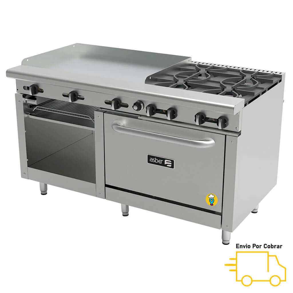 Estufa 4 Parillas, Plancha y Horno ASBER - AEMR-G36-B4-60-H-Estufas Múltiples-ASBER-ElLugarDelChef.com